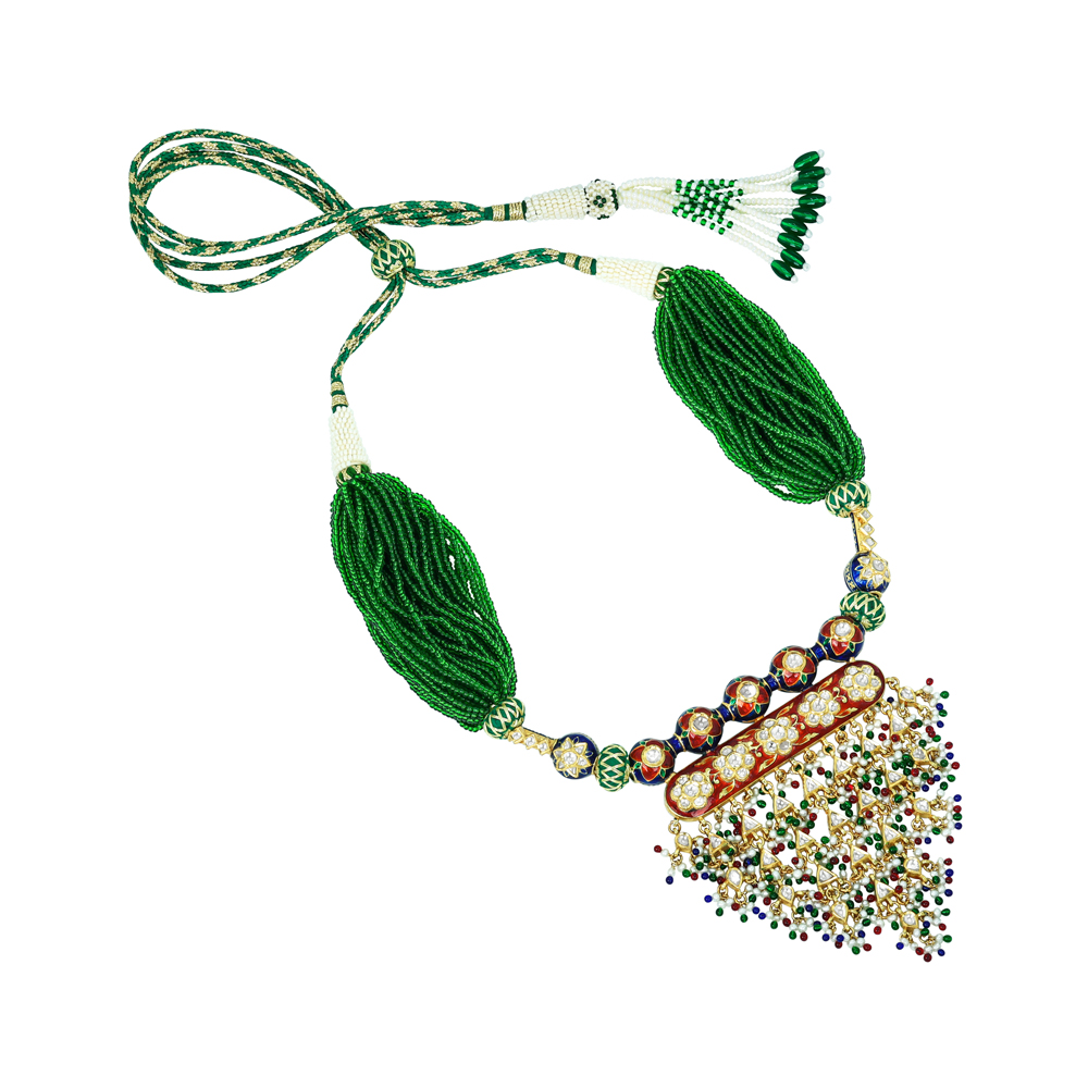 Green Beaded Necklace with Polki and Multicolour Fringe